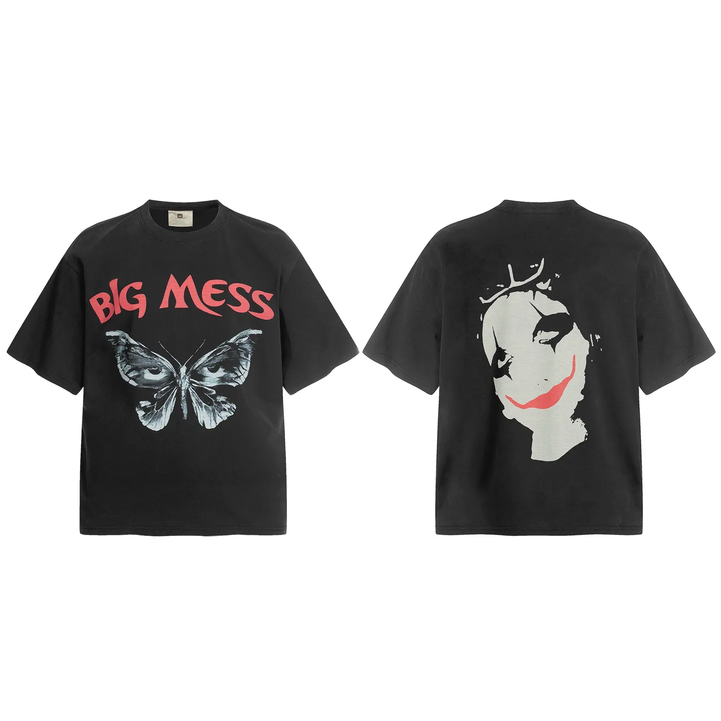 VT9248 P140💰 SAINT Michael "Butterfly Grimace" punk style printed retro washed distressed short-sleeved T-shirt Small neckline design White ink digital direct printing High street retro heavy distressed washed Vintage short sleeves Size: S M L XL